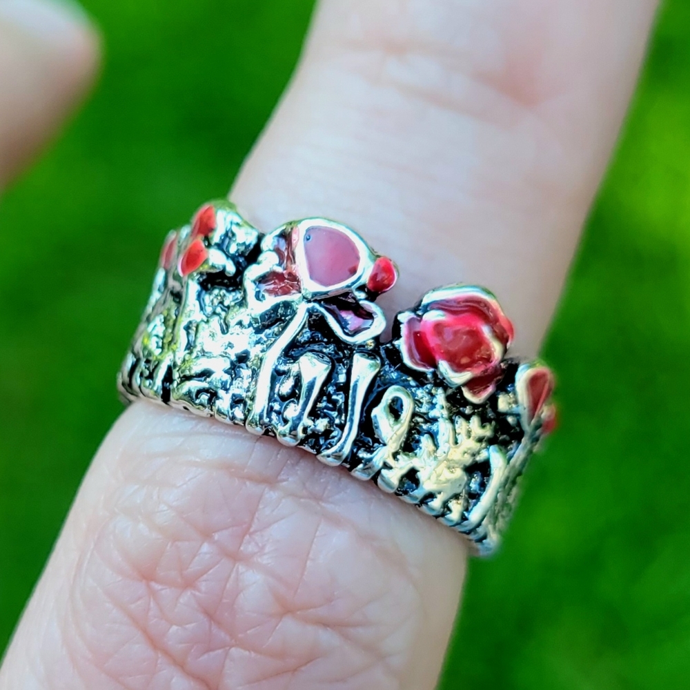 Red Roses Flowers In Bloom Silver Ring Size 6.5